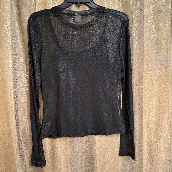Tinsel Town Black Iridescent Shimmer Mock Neck Metallic Sheer Long Sleeve Top XL - Picture 2 of 6